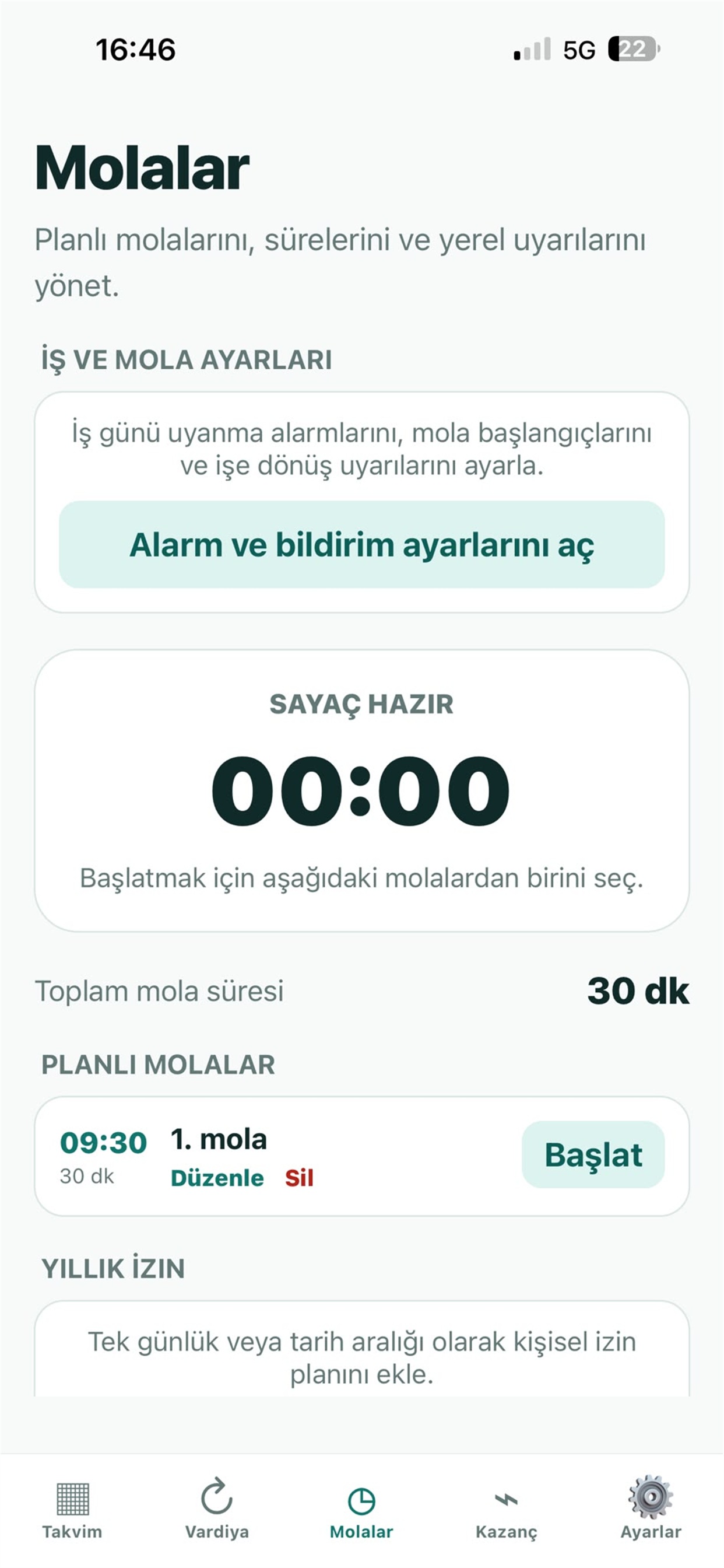 Vardiox mola yönetimi ekranı