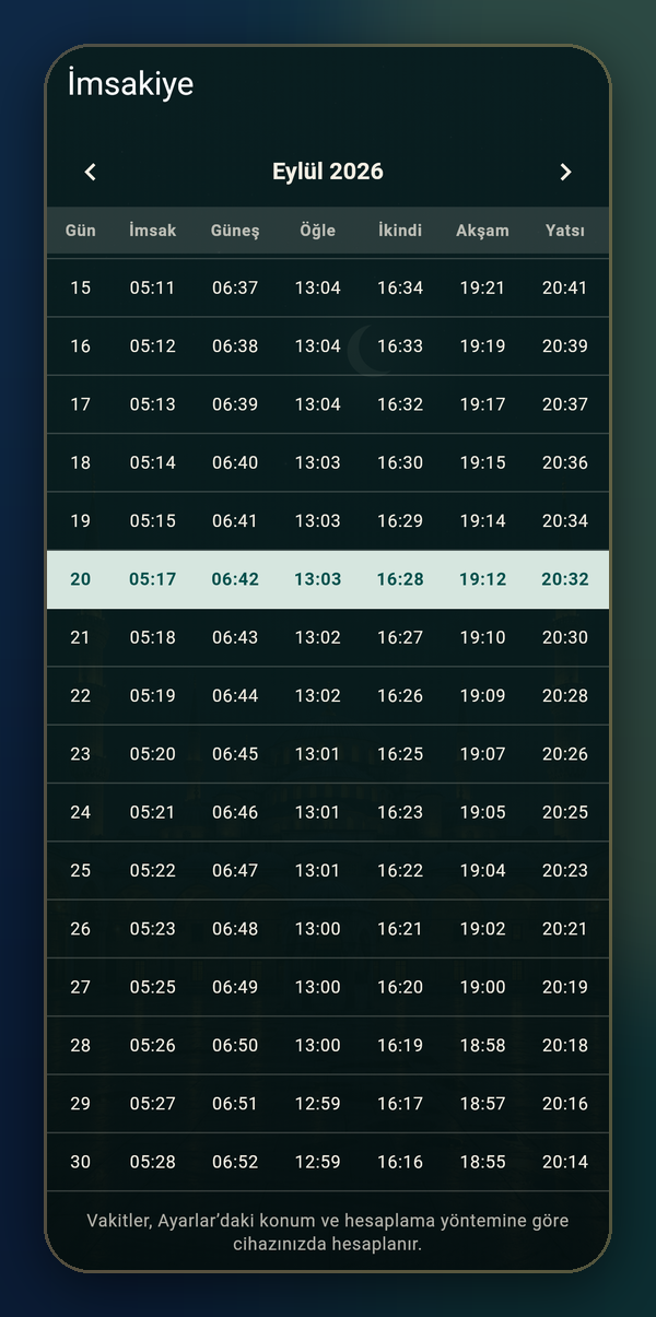 Namaz Yolu imsakiye ekranı