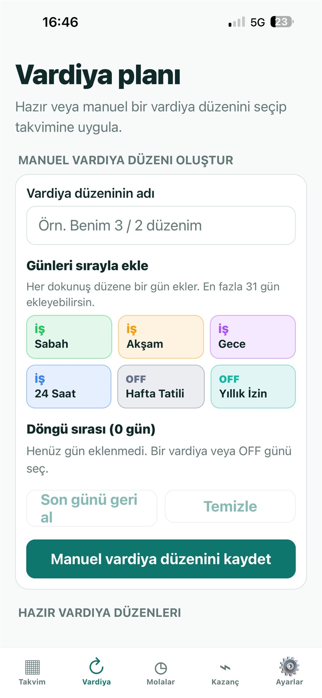 Vardiox vardiya düzeni oluşturma ekranı